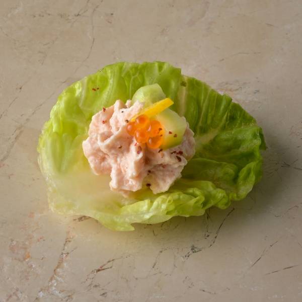 Hot smoked trout pate, sweet pickle cucumber, baby gem, trout roe img