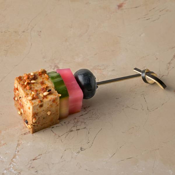 Soy togarashi tofu, yuzu cucumber, candied beetroot, blueberry_1 img