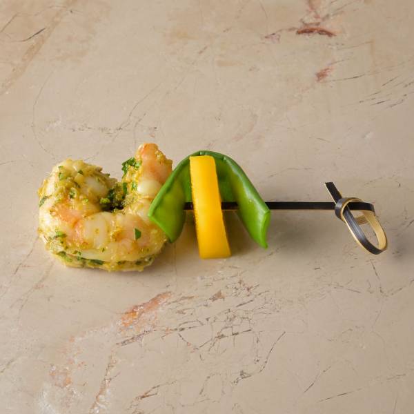 Tom-yam spiced steamed prawn, mange tout, pickled mango img
